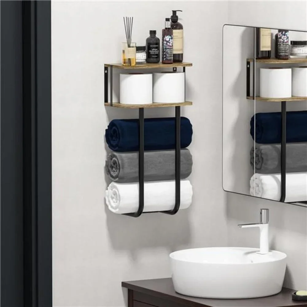 Towel Racks with 2-Tier Wood Shelf, Bathroom Shelves Wall Mounted
